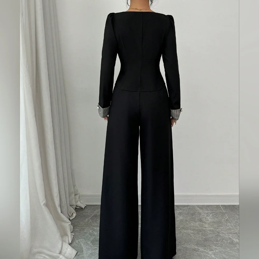 2pcs Women Elegant Color Block Cardigan & Wide Leg Pants Suit, Autumn - Picture 5 of 7